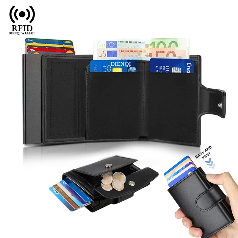 Index Card Holder - กระเป๋าใส่บัตรเครดิตแบบโลหะ ป้องกัน RFID สีดำ แบบพับสามตอน มีตัวล็อค