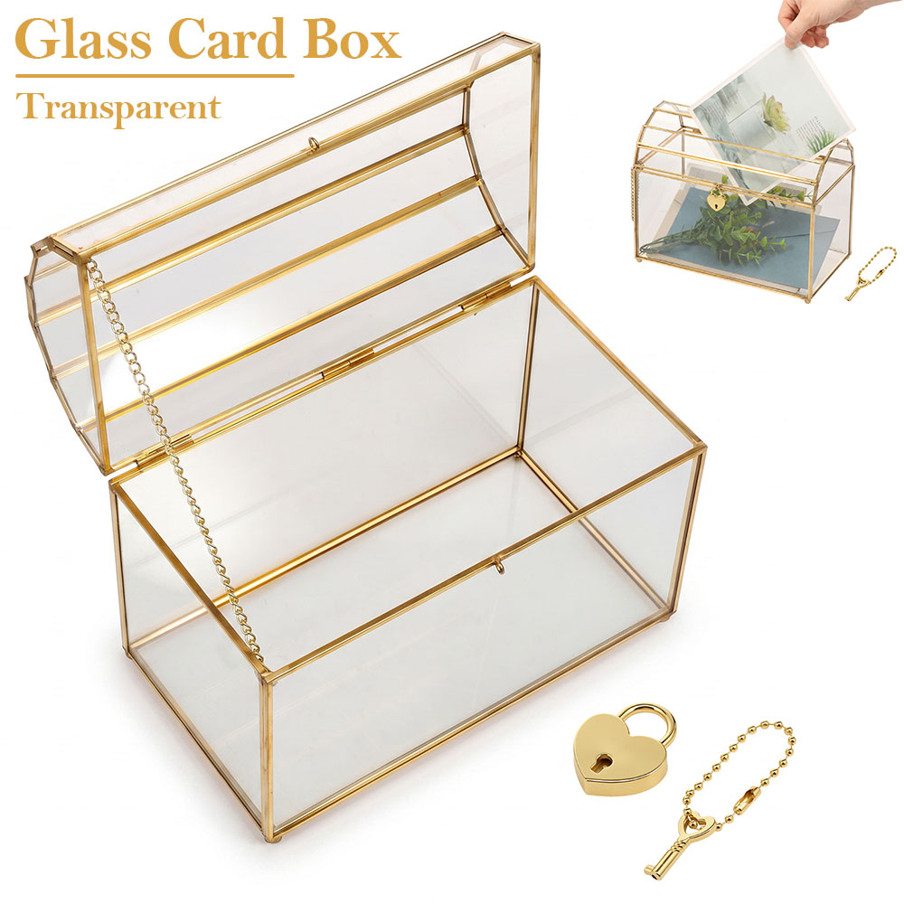 Card Index Box - กล่องใส่การ์ดแต่งงานแบบแก้วใส กล่องเก็บของตกแต่งพร้อมกุญแจรูปหัวใจและช่องใส่การ์ด ความจุขนาดใหญ่ กล่องข้อความสีทองสำหรับงานเลี้ยงรับรองแขก