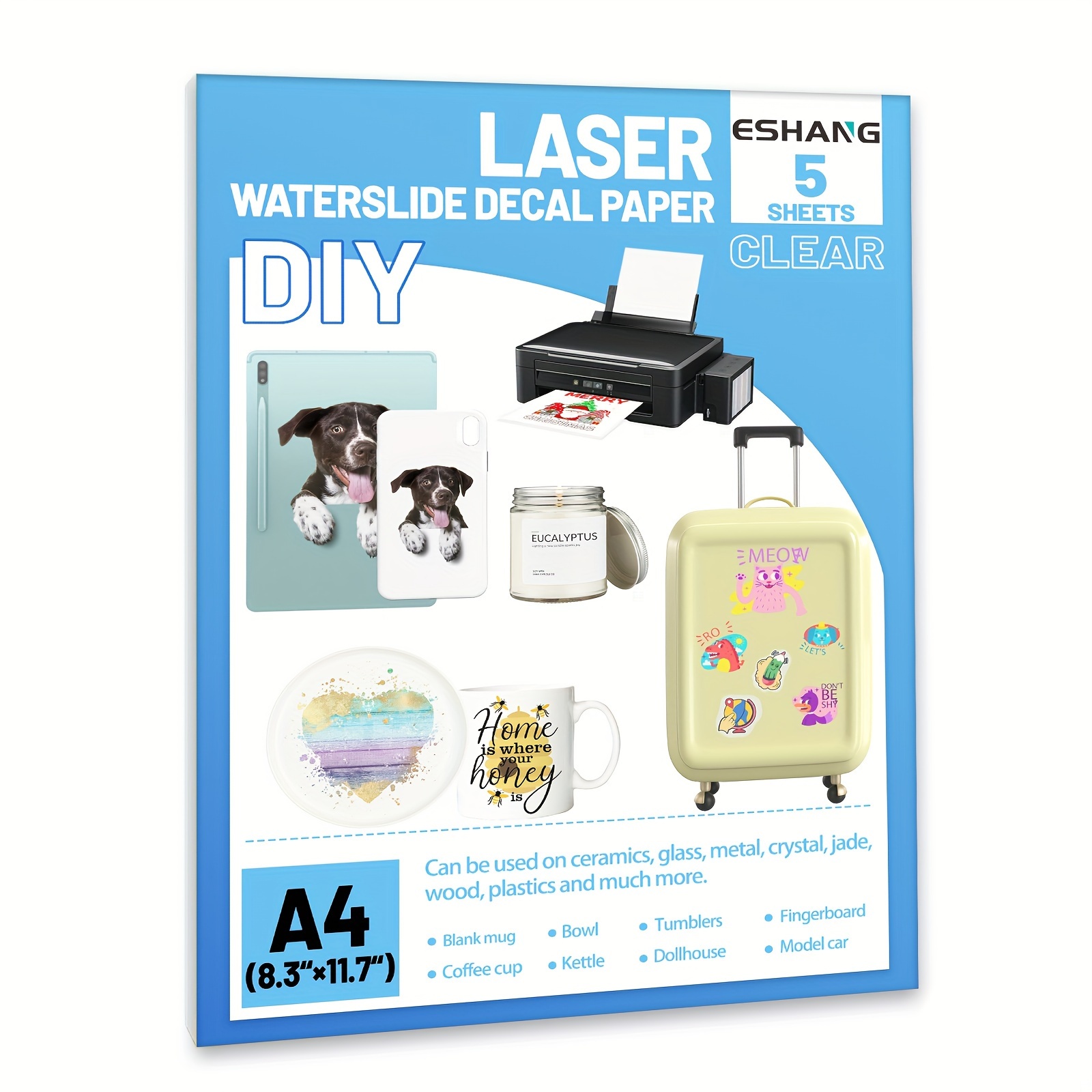 Ink Blotter Paper - กระดาษสติ๊กเกอร์ลายวอเตอร์สไลด์ใส A4 5 แผ่น, กระดาษทรานเฟอร์แบบใสคุณภาพพรีเมียม, พิมพ์ด้วยเครื่องพิมพ์อิงค์เจ็ท/เลเซอร์,